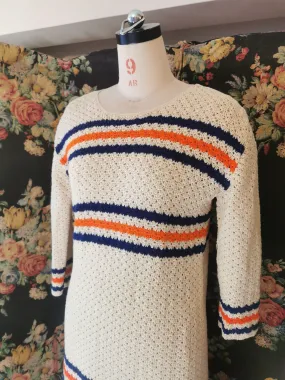 1960s beige knit dress with navy and orange stripe