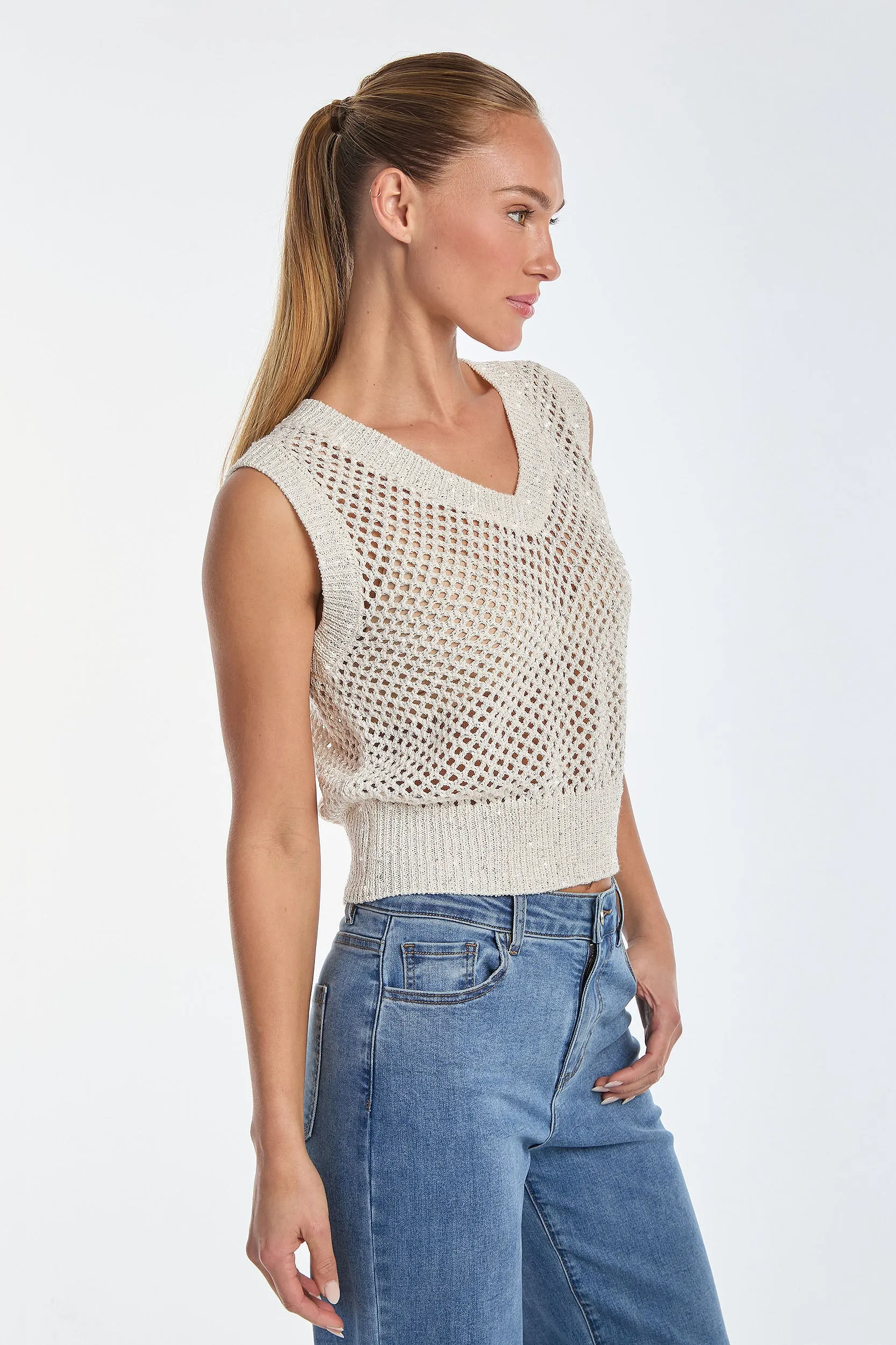Addison Sequin Crochet Top - Pearl