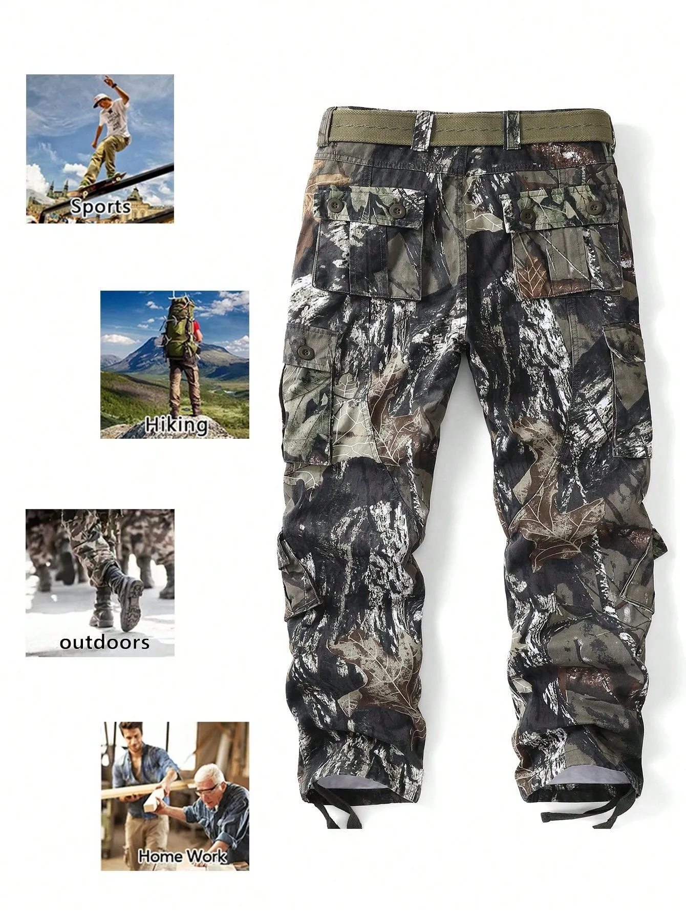 AKARMY AKARMY Cargo Camo Pants Leaf Print Jungle Style For Men - Durable Cotton Fabric, Multi-Pockets, Perfect For Hiking, Camo, And Work (No Belt)