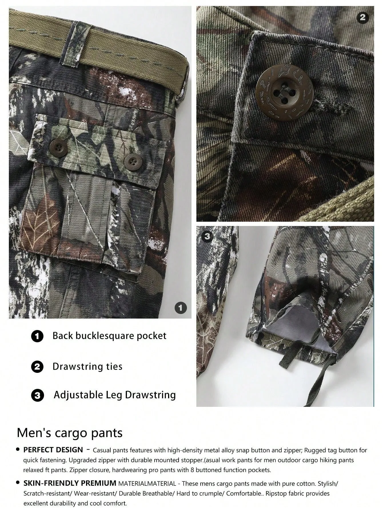 AKARMY AKARMY Cargo Camo Pants Leaf Print Jungle Style For Men - Durable Cotton Fabric, Multi-Pockets, Perfect For Hiking, Camo, And Work (No Belt)
