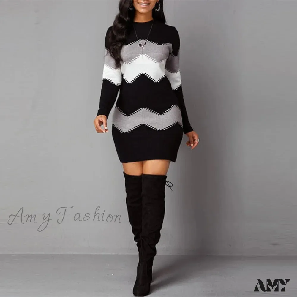 Amy Fashion - Women Autumn Elegant O-Neck Wave Striped Mini Dress