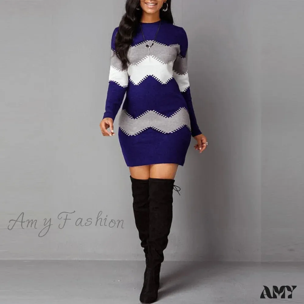 Amy Fashion - Women Autumn Elegant O-Neck Wave Striped Mini Dress