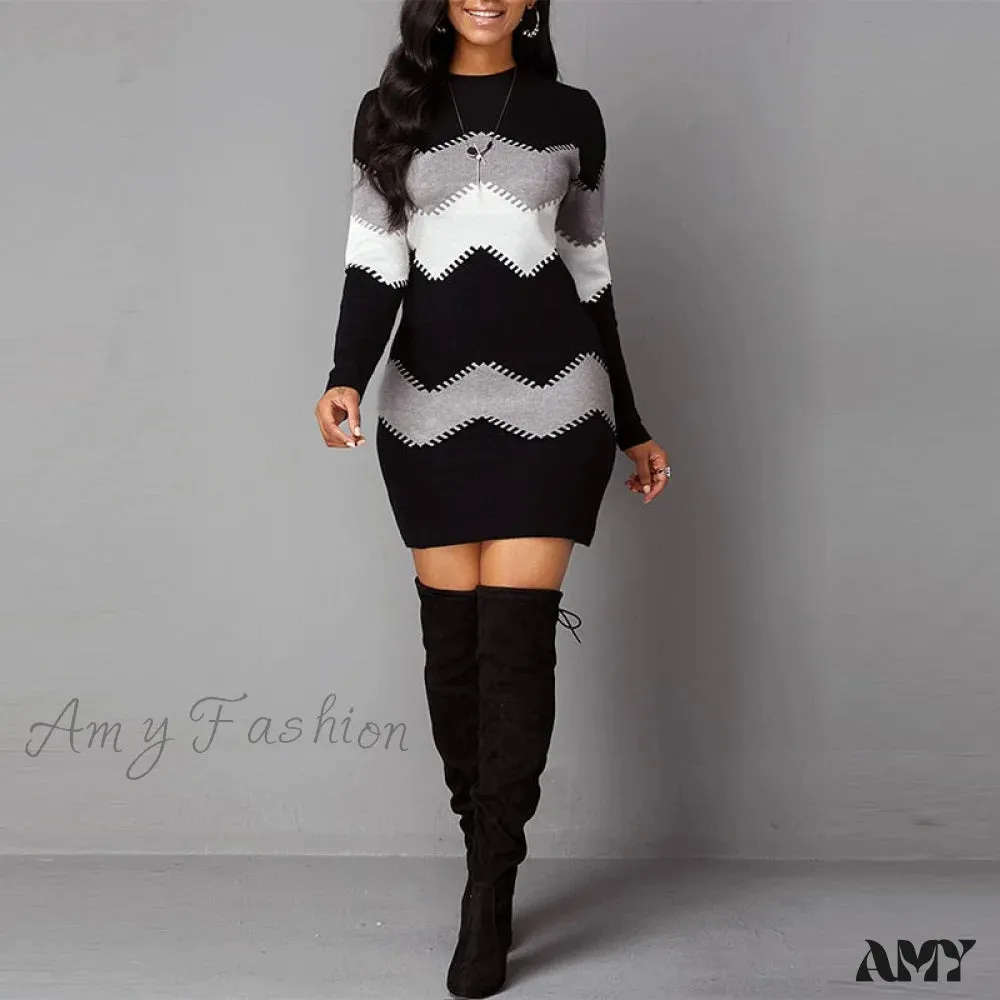 Amy Fashion - Women Autumn Elegant O-Neck Wave Striped Mini Dress
