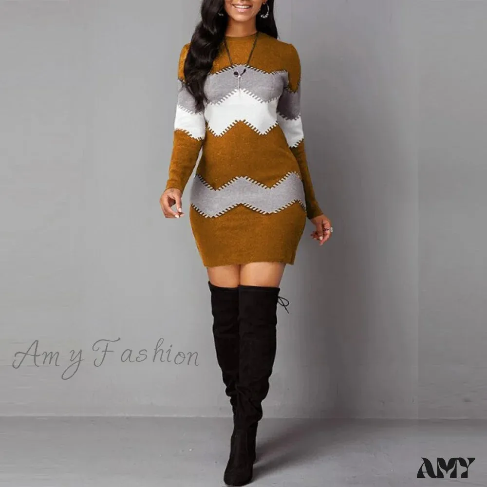 Amy Fashion - Women Autumn Elegant O-Neck Wave Striped Mini Dress