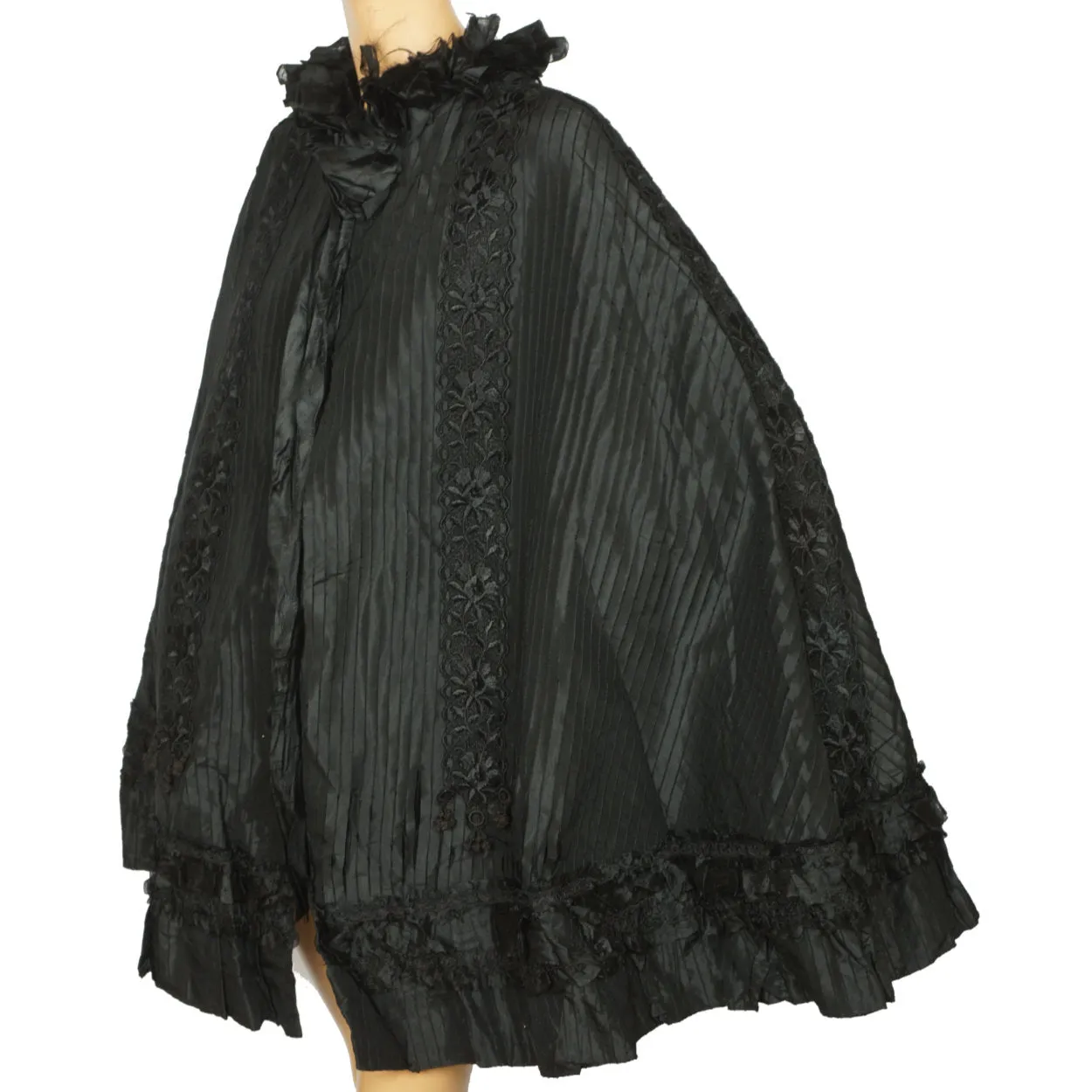 Antique Victorian Mourning Cape Black Silk Hip Cloak with Lace Ribbon Decoration