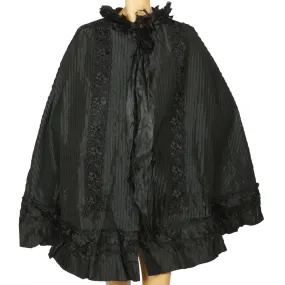 Antique Victorian Mourning Cape Black Silk Hip Cloak with Lace Ribbon Decoration