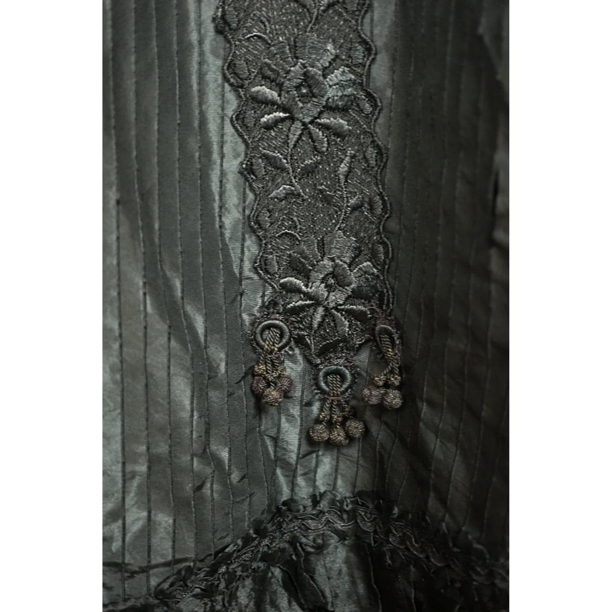 Antique Victorian Mourning Cape Black Silk Hip Cloak with Lace Ribbon Decoration