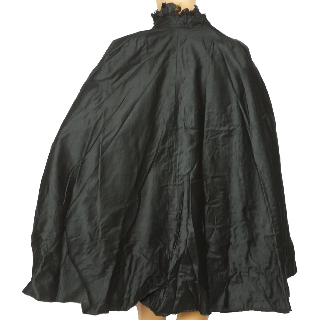 Antique Victorian Mourning Cape Black Silk Hip Cloak with Lace Ribbon Decoration