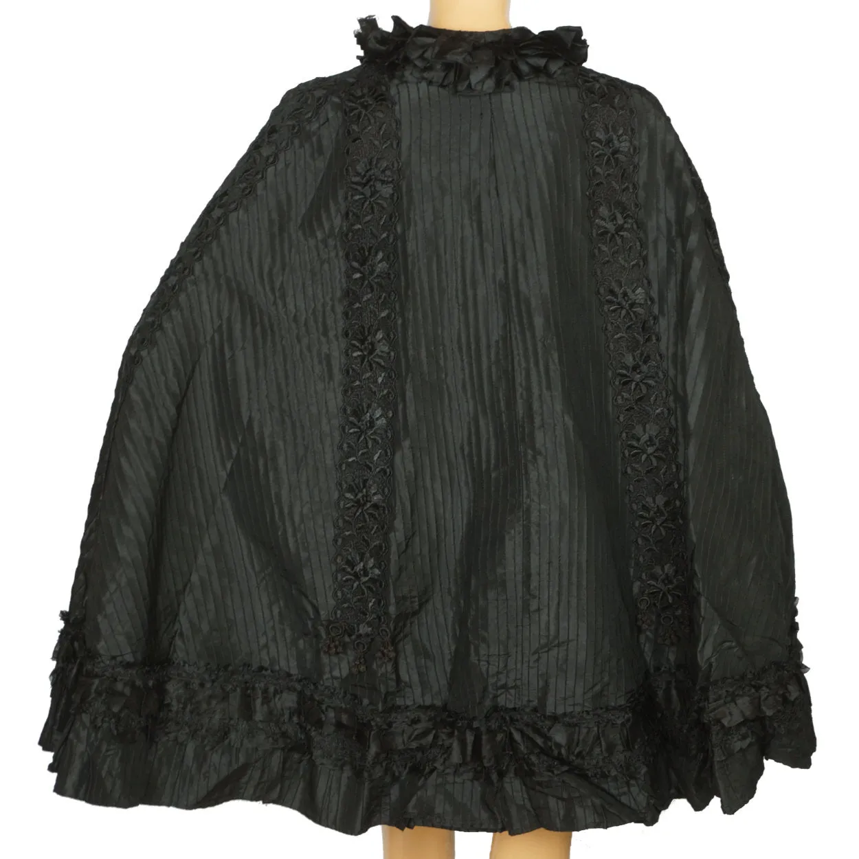 Antique Victorian Mourning Cape Black Silk Hip Cloak with Lace Ribbon Decoration