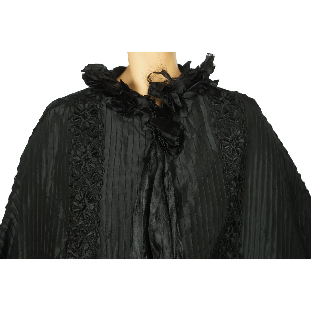 Antique Victorian Mourning Cape Black Silk Hip Cloak with Lace Ribbon Decoration