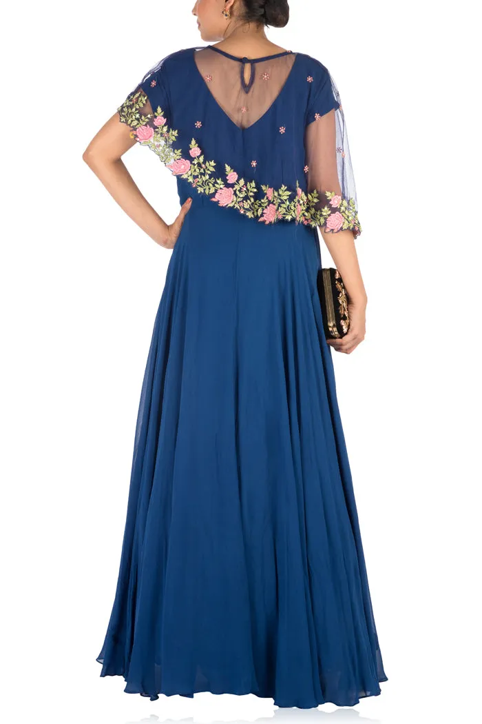 Anushree Agarwal Navy Blue Asymmetrical Cape Gown