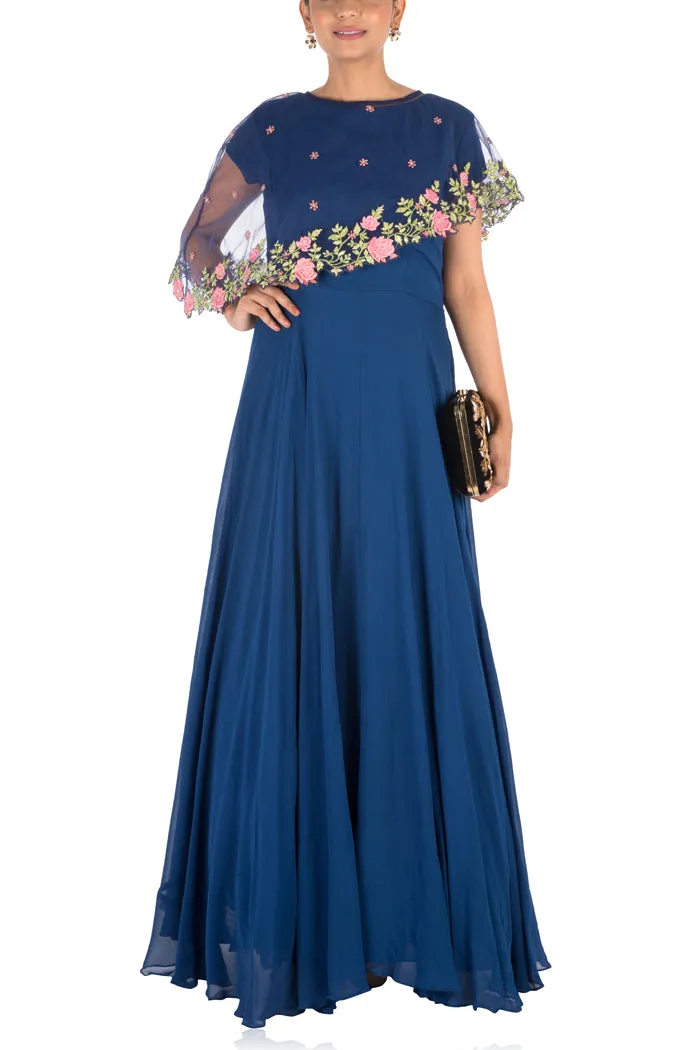 Anushree Agarwal Navy Blue Asymmetrical Cape Gown