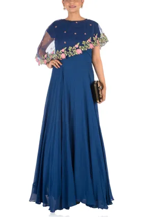 Anushree Agarwal Navy Blue Asymmetrical Cape Gown