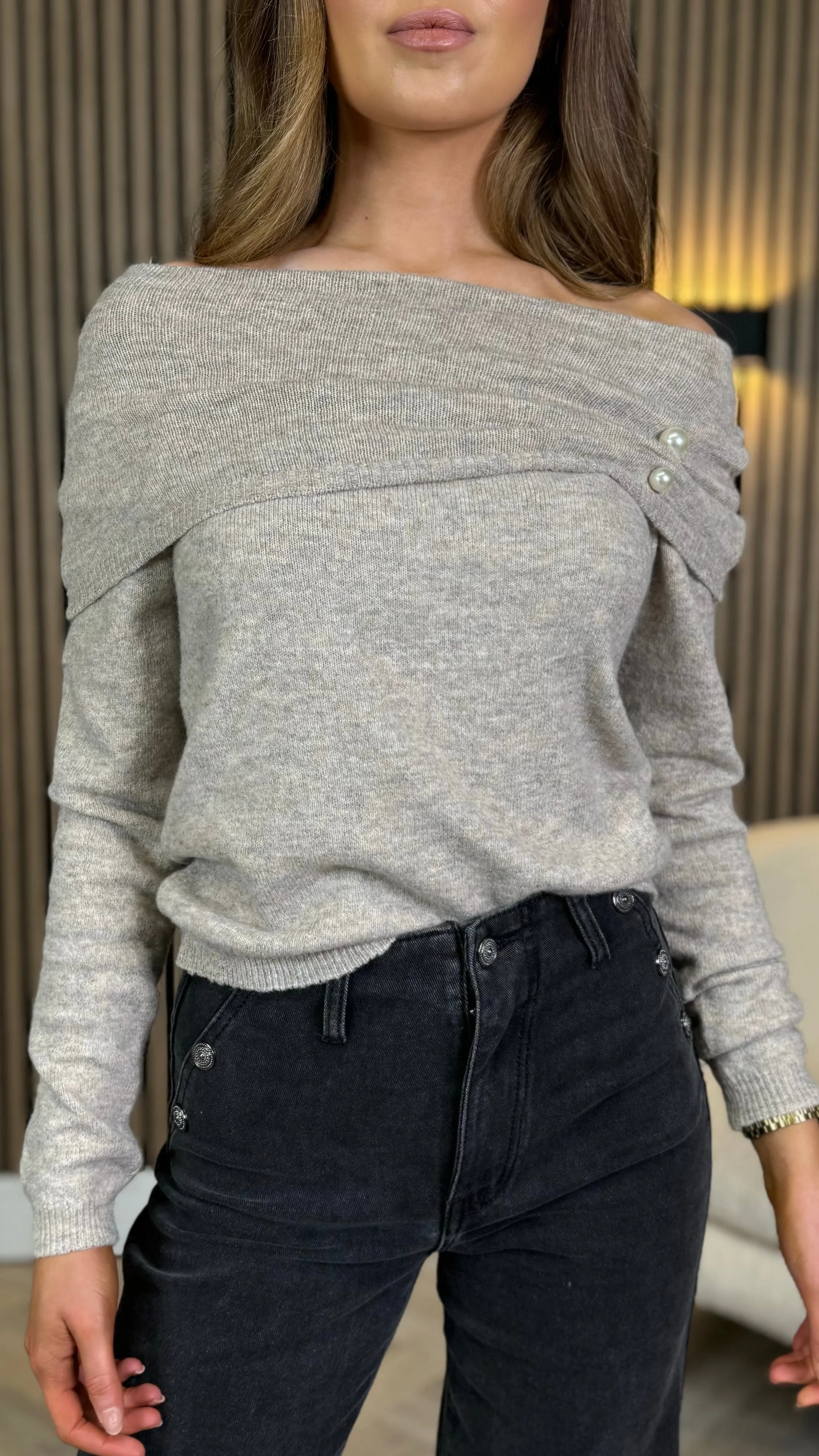 Ashton Camel Off The Shoulder With Pearl Detail Jumper