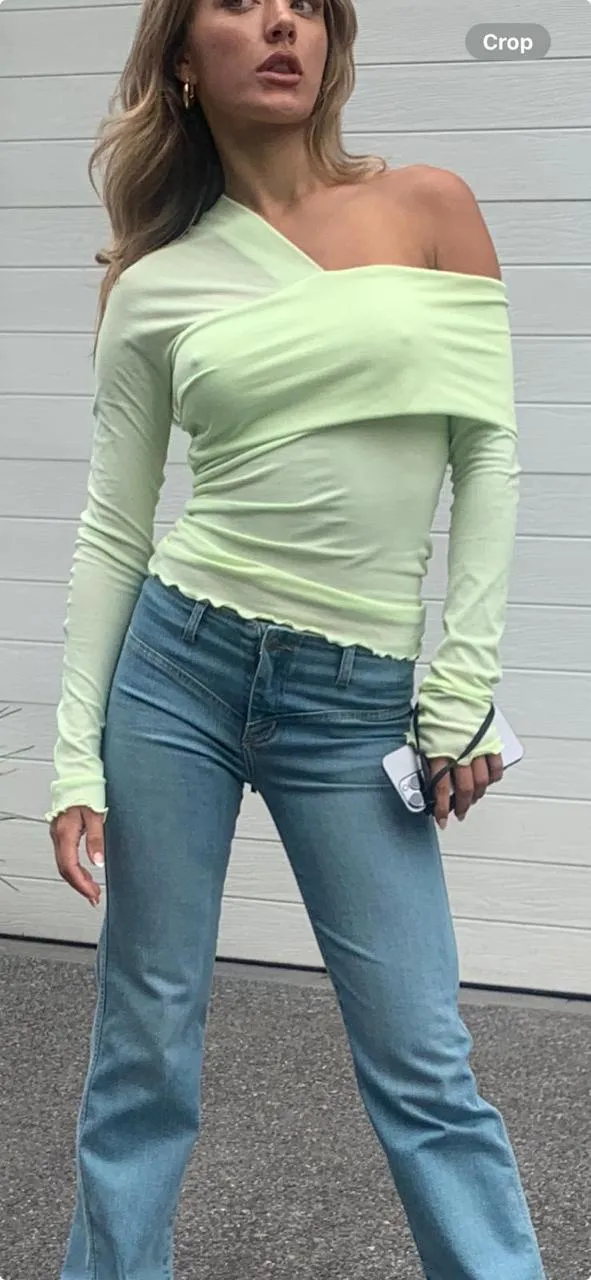 Avalon off Shoulder Top. Lime Green