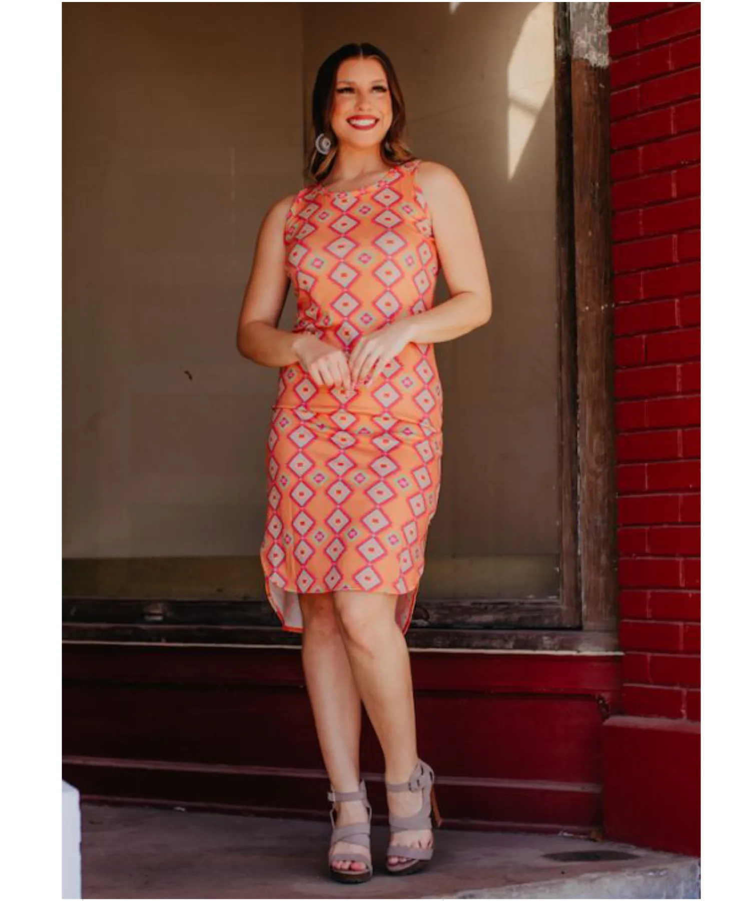 Aztec Print Orange Sleeveless Midi Dress