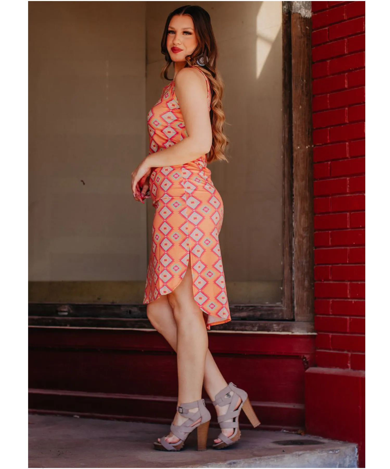Aztec Print Orange Sleeveless Midi Dress