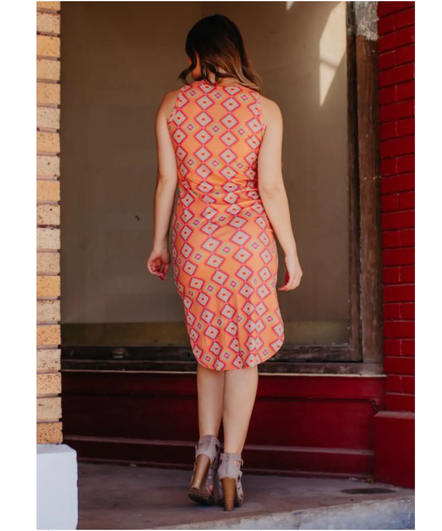Aztec Print Orange Sleeveless Midi Dress
