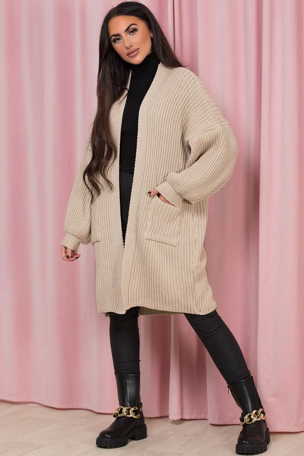 Beige Oversized Cardigan With Pockets
