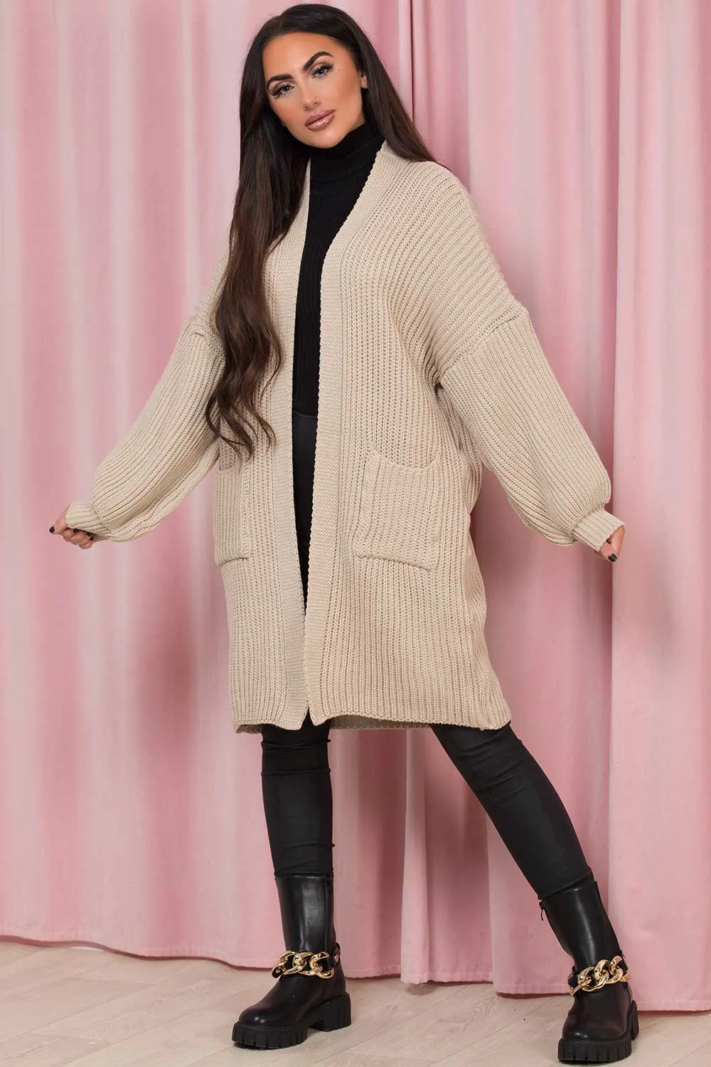 Beige Oversized Cardigan With Pockets