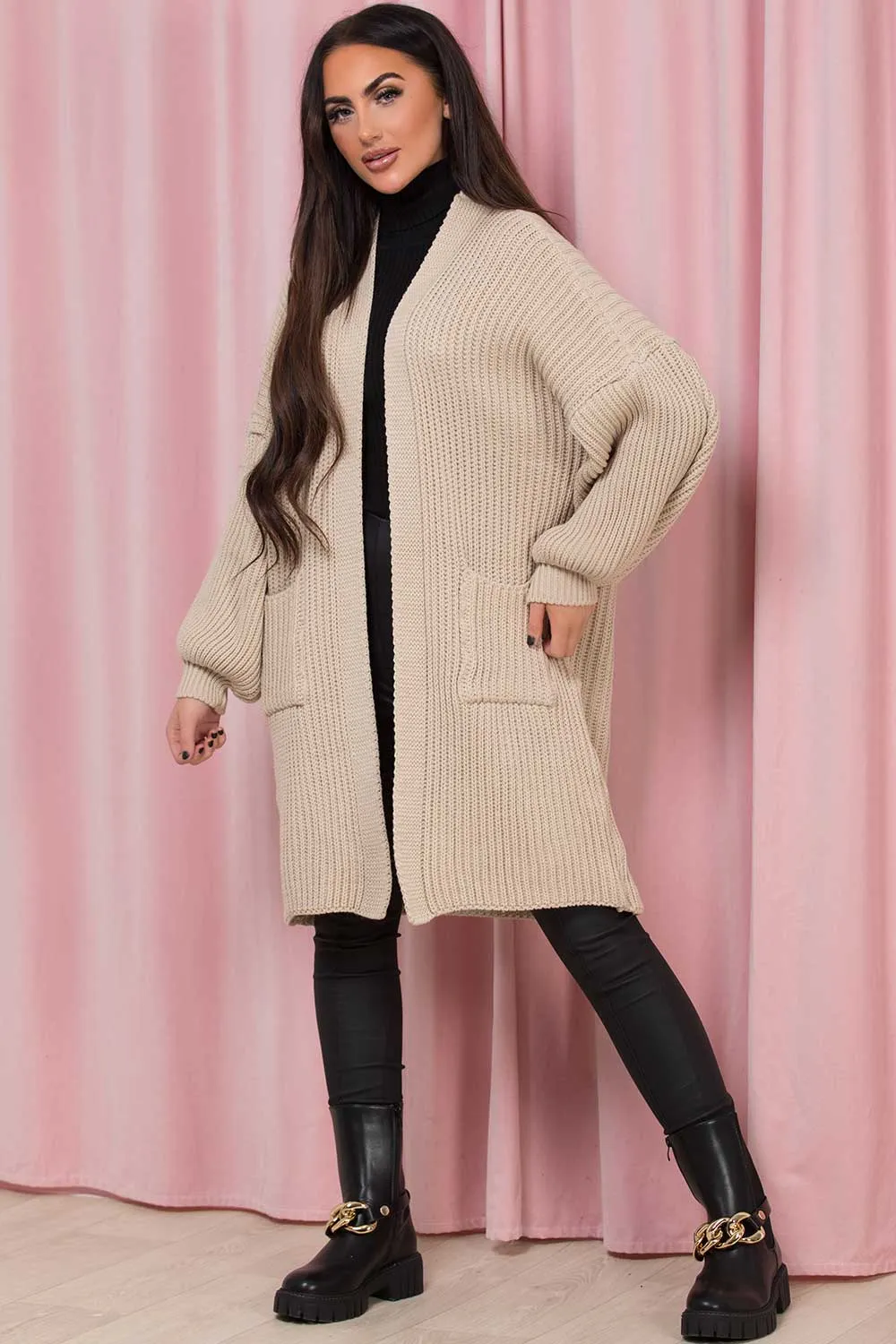 Beige Oversized Cardigan With Pockets