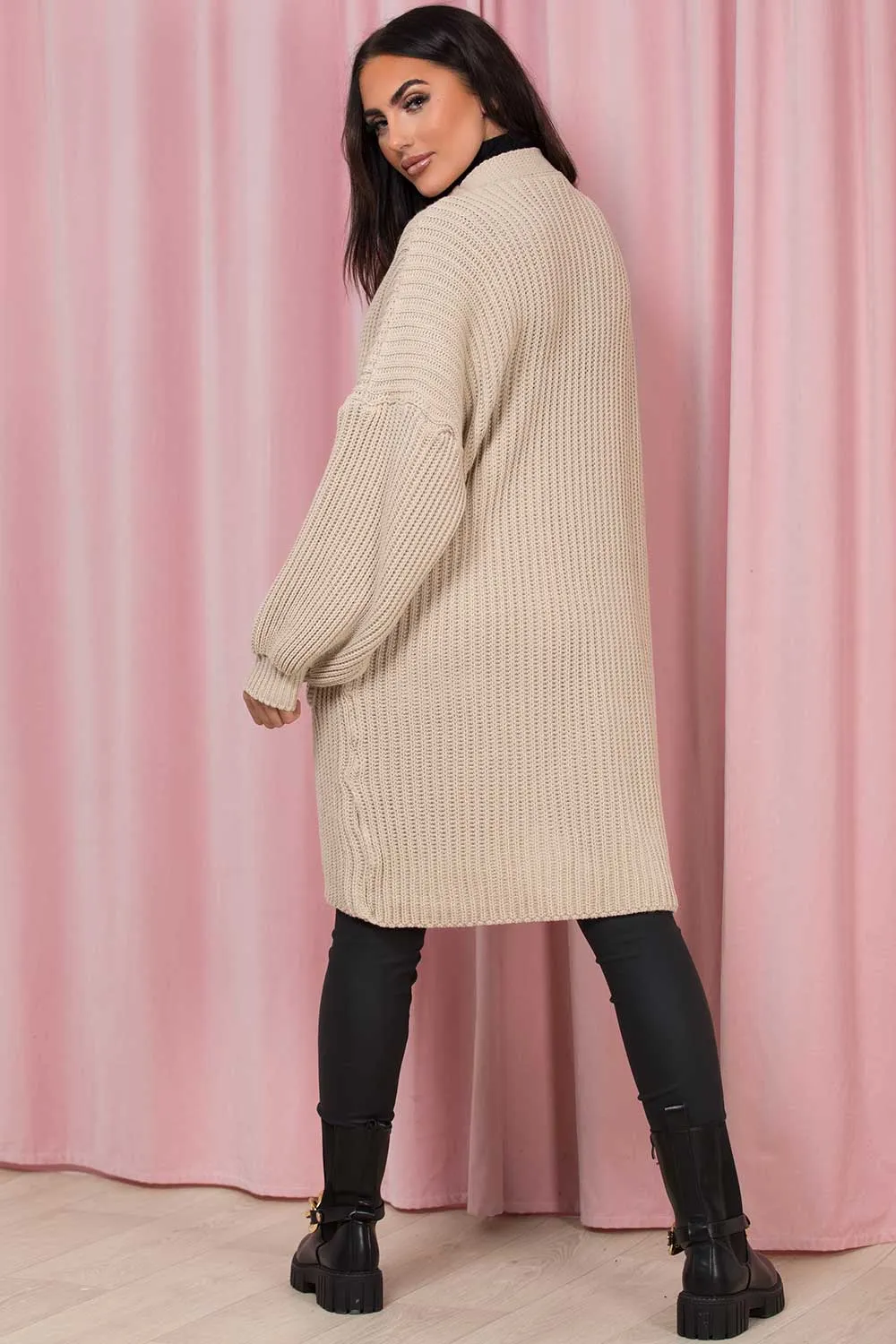 Beige Oversized Cardigan With Pockets