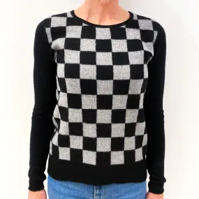 Black and Grey Check Cashmere Crew Neck Jumper Small