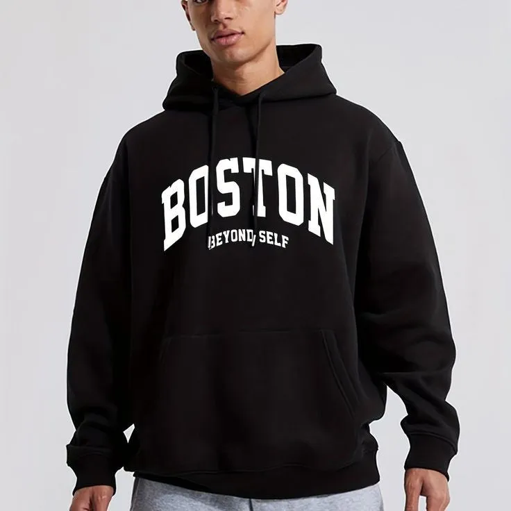 Black Boston Printed Oversized Premium Quality Pullover Hoodie For Mens