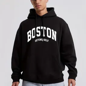 Black Boston Printed Oversized Premium Quality Pullover Hoodie For Mens