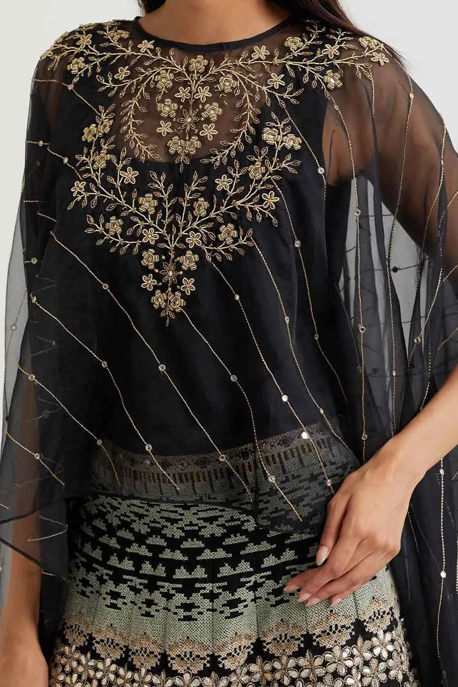 Black Embroidered Cape & Cross Stitch Skirt Set