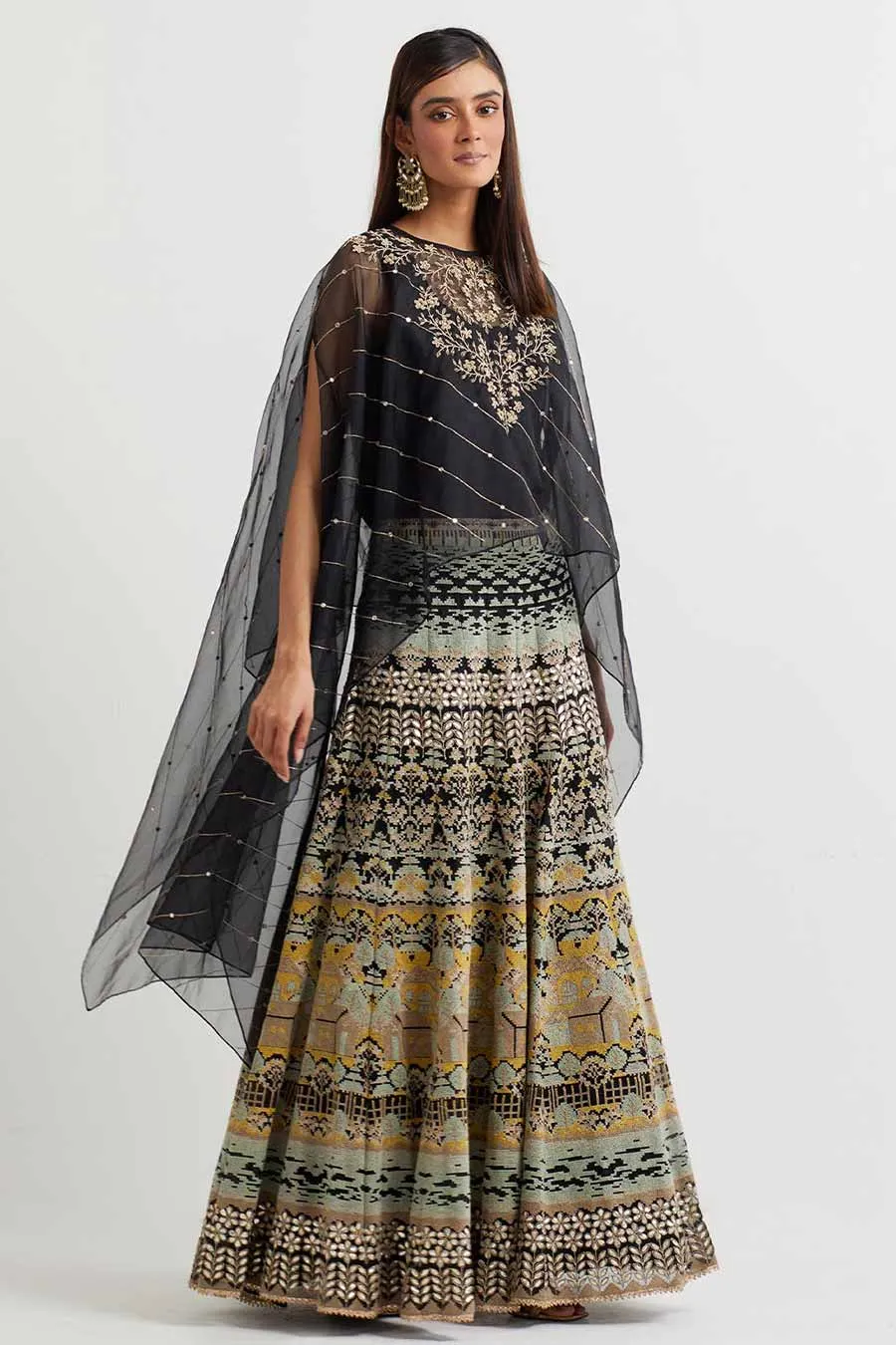 Black Embroidered Cape & Cross Stitch Skirt Set