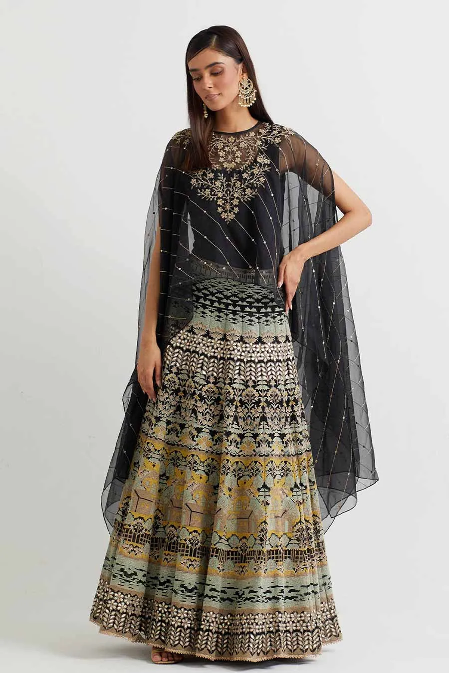 Black Embroidered Cape & Cross Stitch Skirt Set