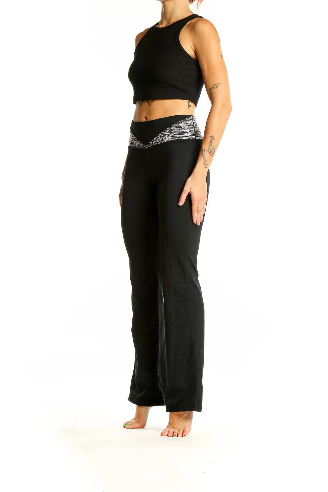 Black Flared Yoga Pants with Heathered Waistband