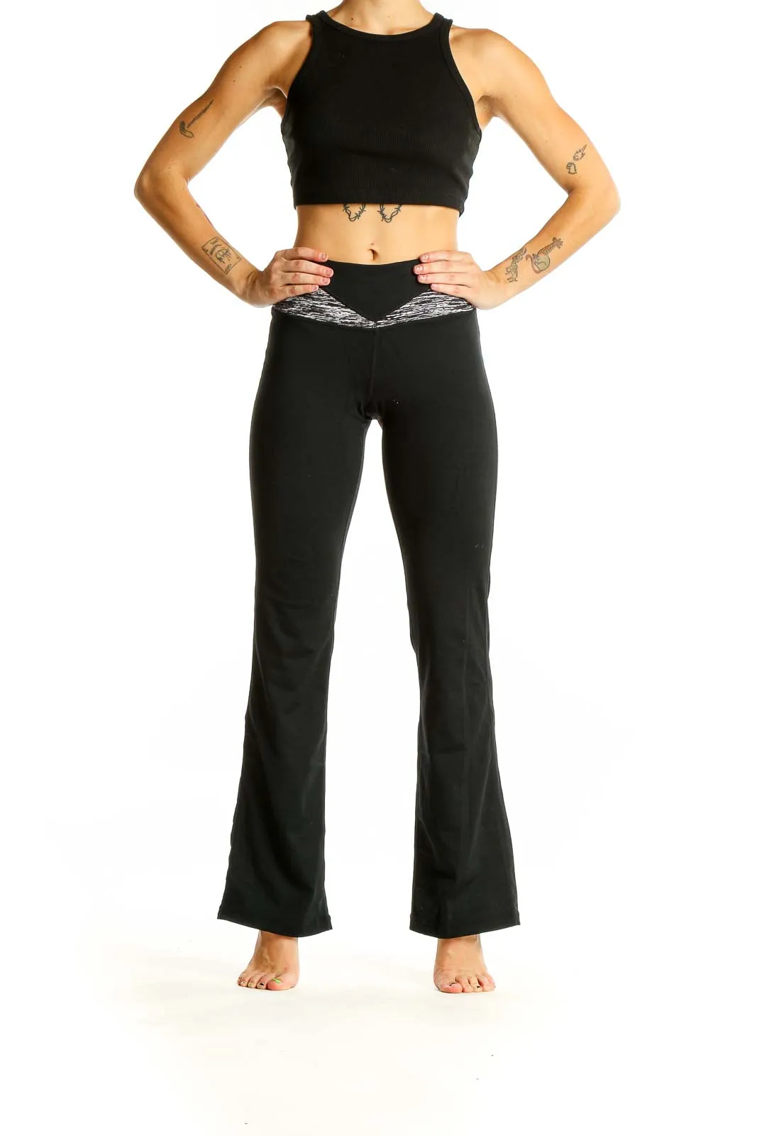 Black Flared Yoga Pants with Heathered Waistband