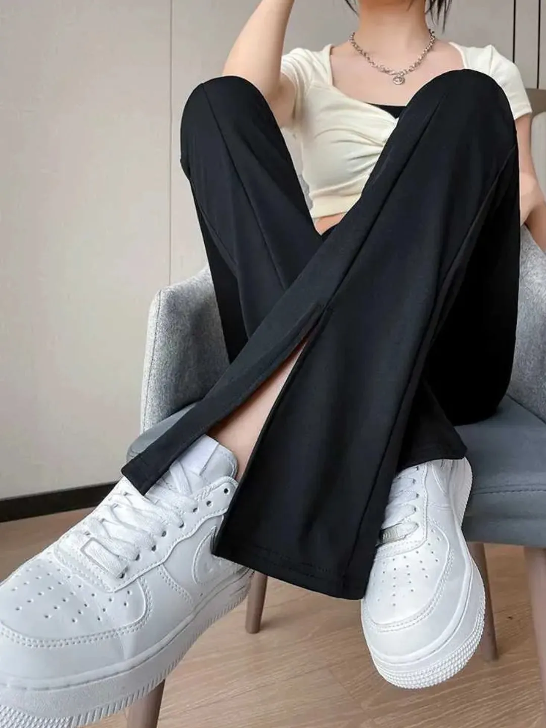 Black High waist front slit yoga pants