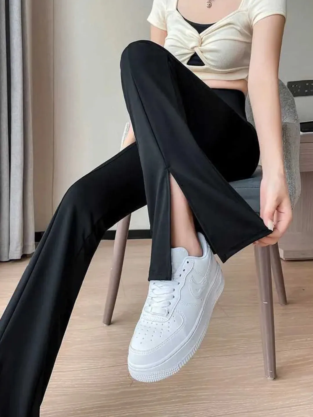 Black High waist front slit yoga pants