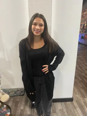 Black Long Sleeve Open Front with Pocket Sweater Cardigan