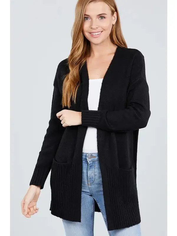 Black Long Sleeve Open Front with Pocket Sweater Cardigan