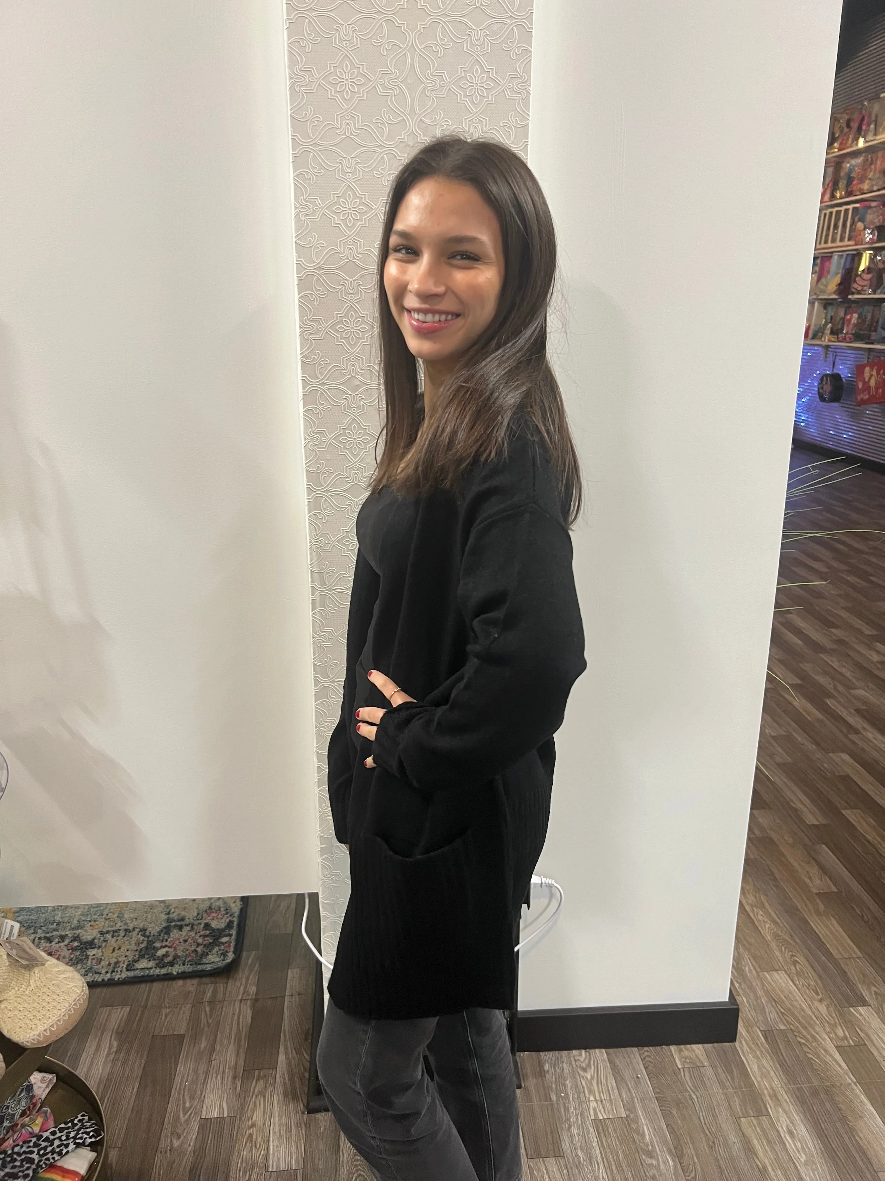 Black Long Sleeve Open Front with Pocket Sweater Cardigan