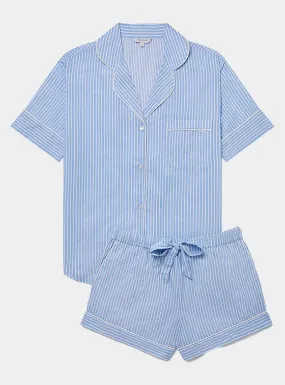 Blue & White Stripe Women's Short Sleeve Organic Cotton Pyjama Short Set