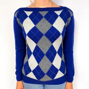 Blue Grey Argyle Cashmere Boat Neck Jumper Small