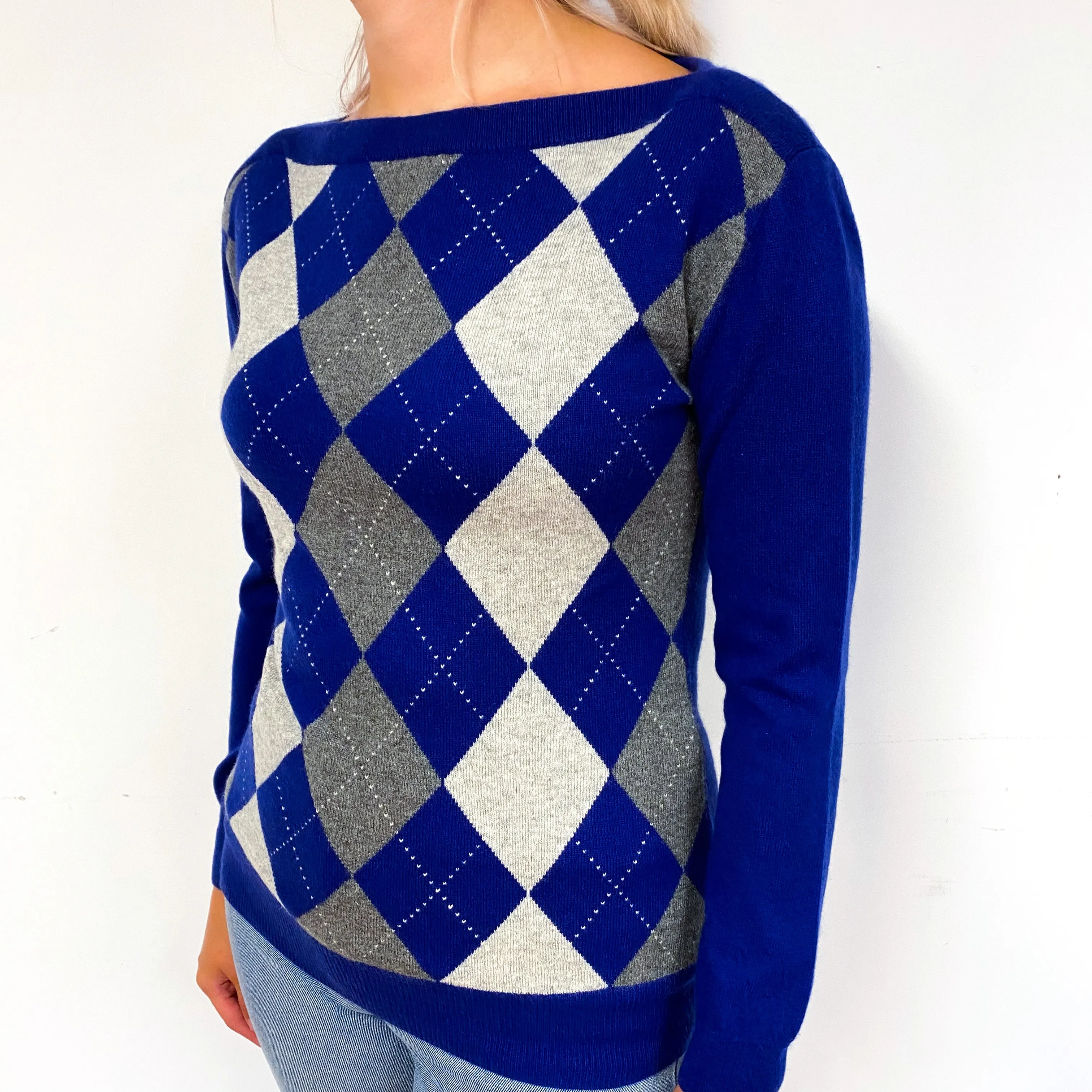 Blue Grey Argyle Cashmere Boat Neck Jumper Small
