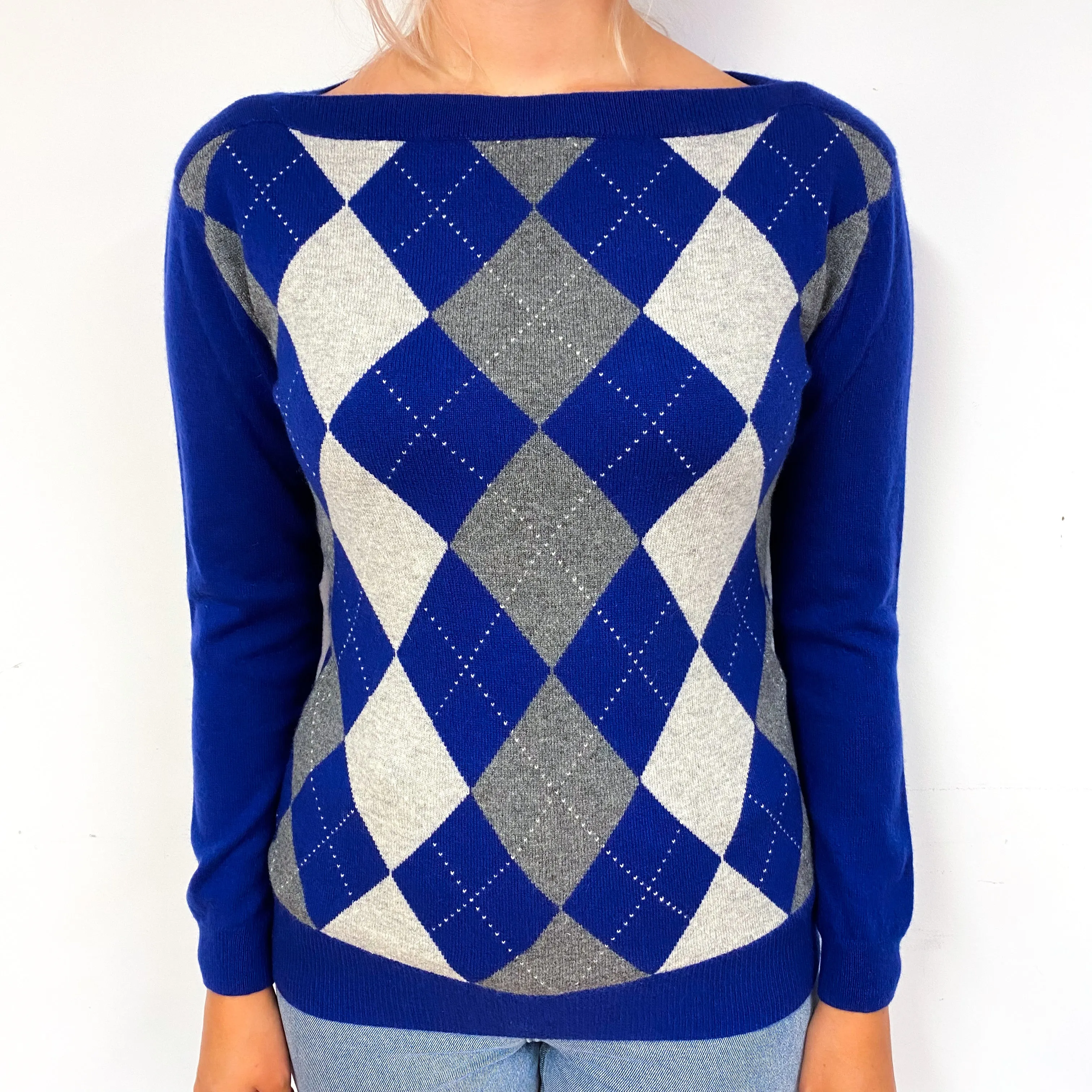 Blue Grey Argyle Cashmere Boat Neck Jumper Small