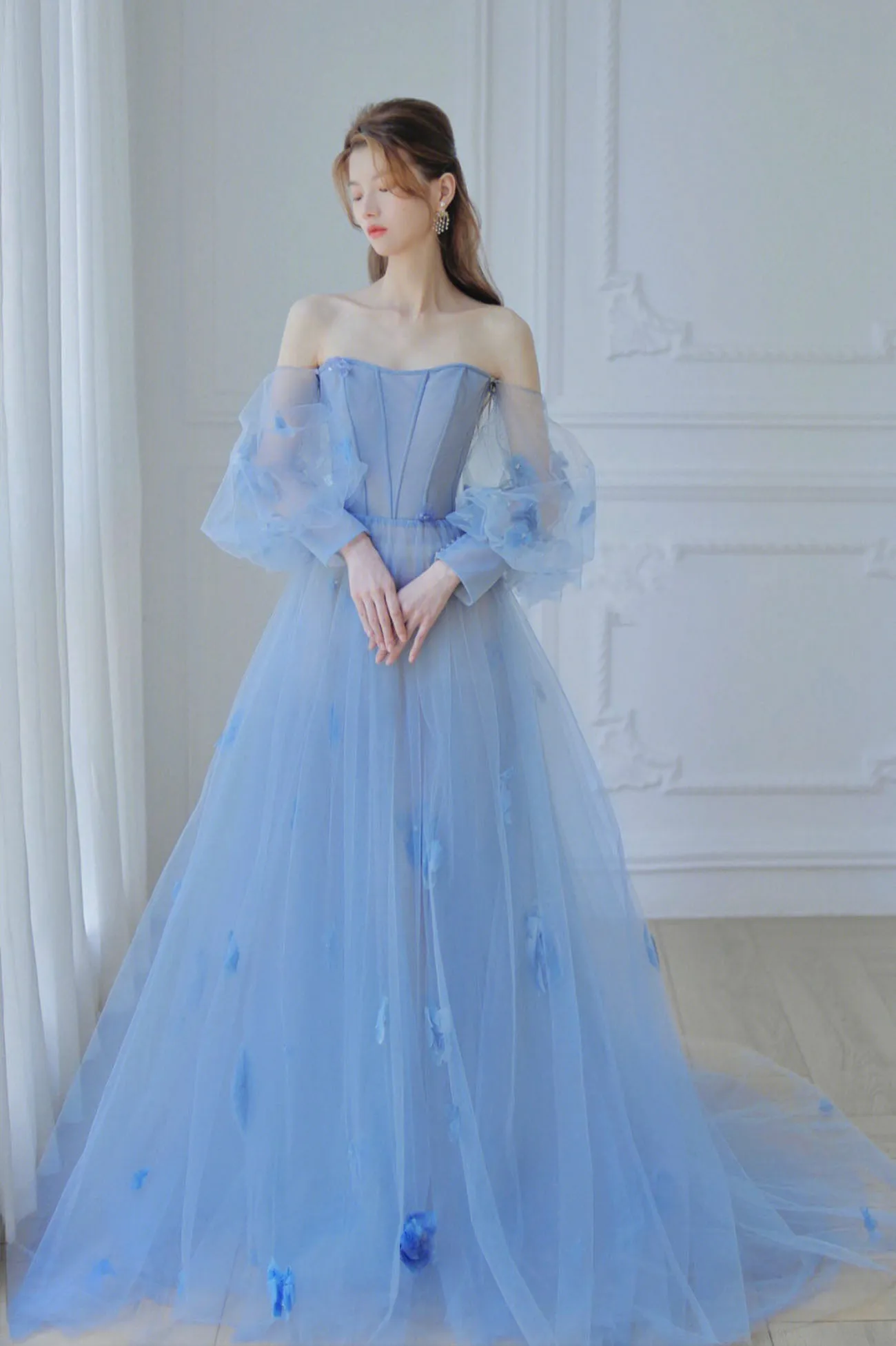 Blue Tulle Long Sleeve Prom Dress, Off the Shoulder Evening Graduation Dress