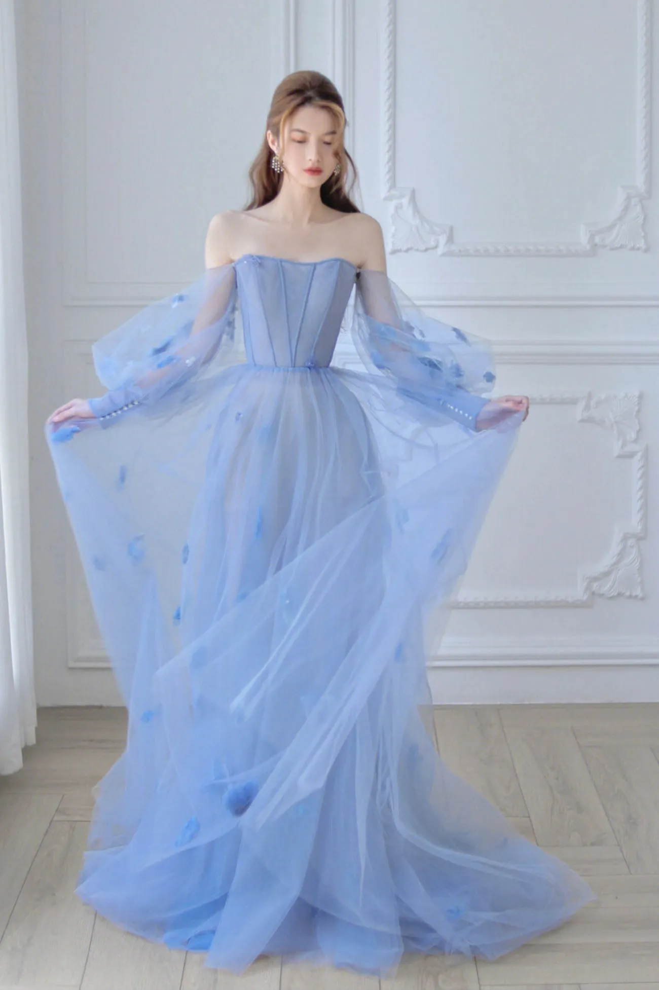 Blue Tulle Long Sleeve Prom Dress, Off the Shoulder Evening Graduation Dress