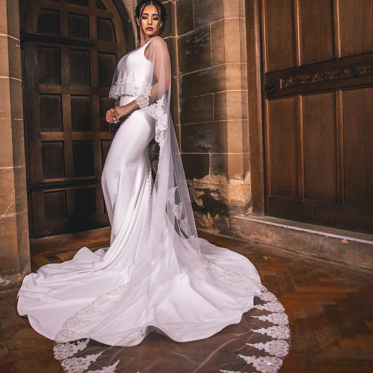 Bridal Cape Ivory Tulle with Beaded Lace Edge Full Length PBC3003