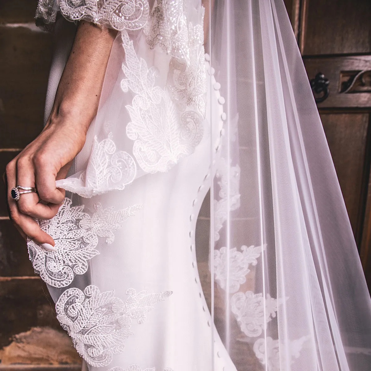 Bridal Cape Ivory Tulle with Beaded Lace Edge Full Length PBC3003