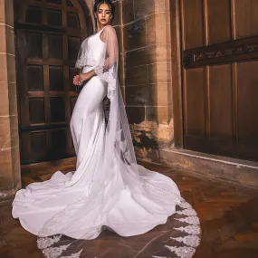 Bridal Cape Ivory Tulle with Beaded Lace Edge Full Length PBC3003