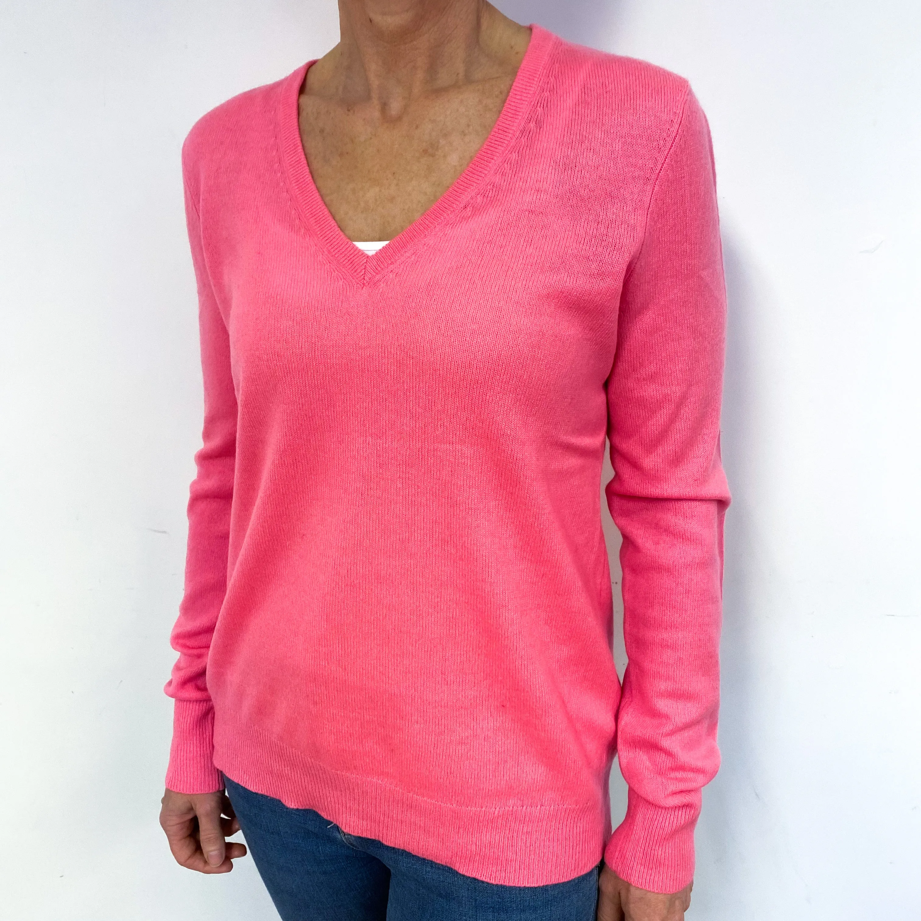 Bright Lupin Pink Cashmere V-Neck Jumper Medium