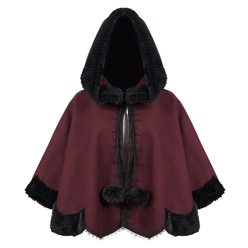 CA02802 wine double sided woolen contrast color shawl with fur